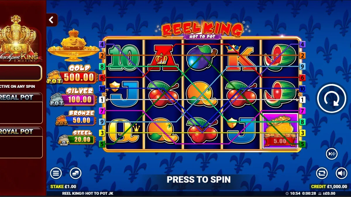 Reel King Hot to Pot slot machine interface na may mga gintong korona at prutas