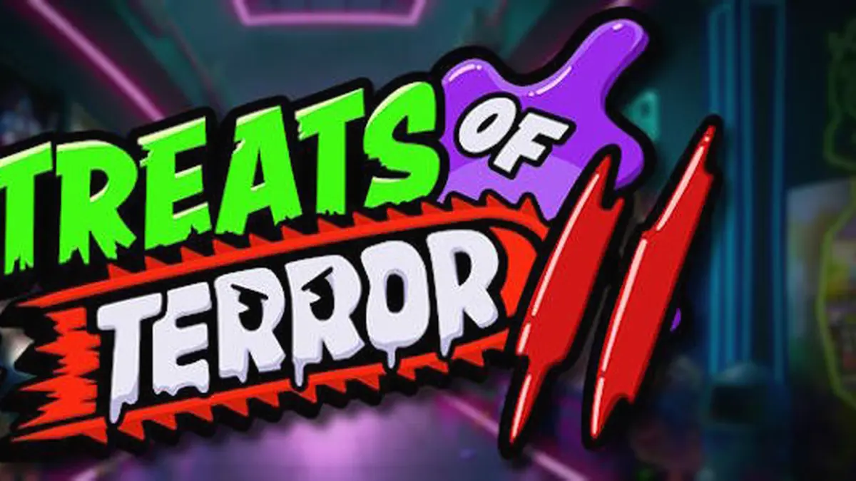 Isang masiglang visual ng Treats of Terror II na nagpapakita ng mga sentient na pagkain sa isang arcade setting.