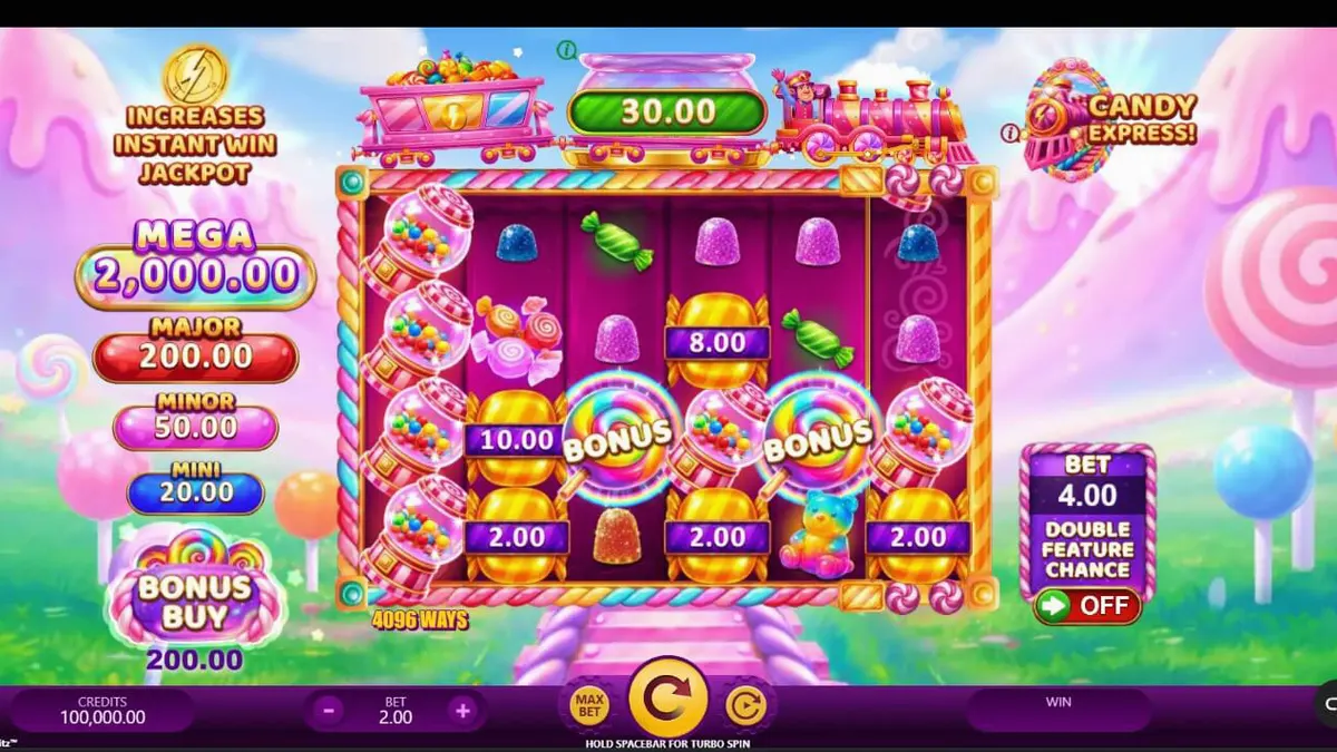 Makulay na disenyo ng Candy Express Gold Blitz slot na may mga kendi at tren.